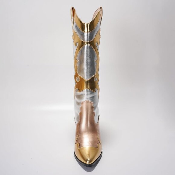 Women's Metallic Gold Mid Calf Western Pointed Toe Comfortable Heel Boots - Picture 5 of 8